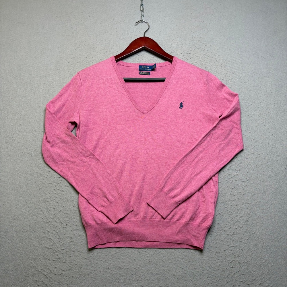 Polo Ralph Lauren Sweater Womens Small Pink V-Neck Pima Cotton Pony Logo Knit